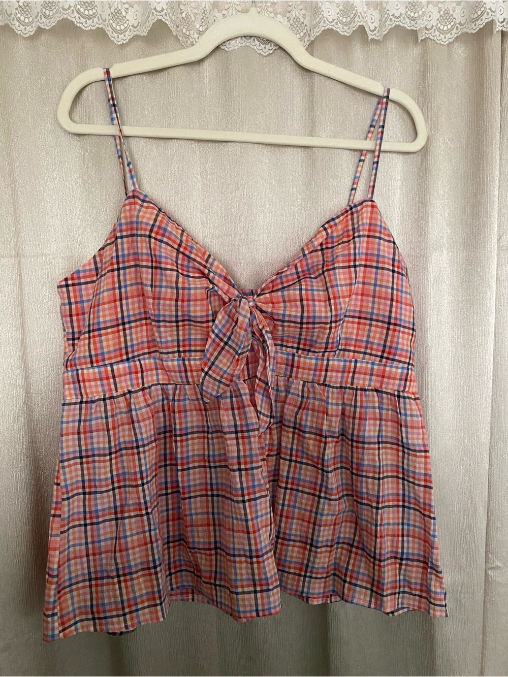 LOFT Plaid Tie Front Babydoll Cami Top Large Cotton Coastal Preppy